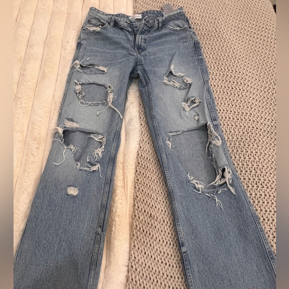 Zara Light Blue Distressed Straight Leg Jeans
